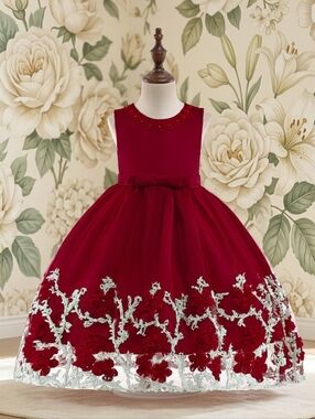 New Deep Red Red,Teal Hem Applique Girl's Dress-Sizes 6 & 7